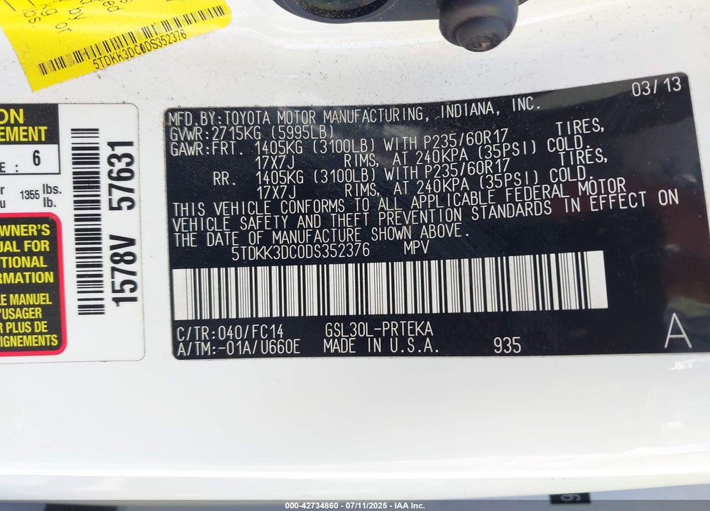 2013 TOYOTA SIENNA VIN: 5TDKK3DC0DS352376