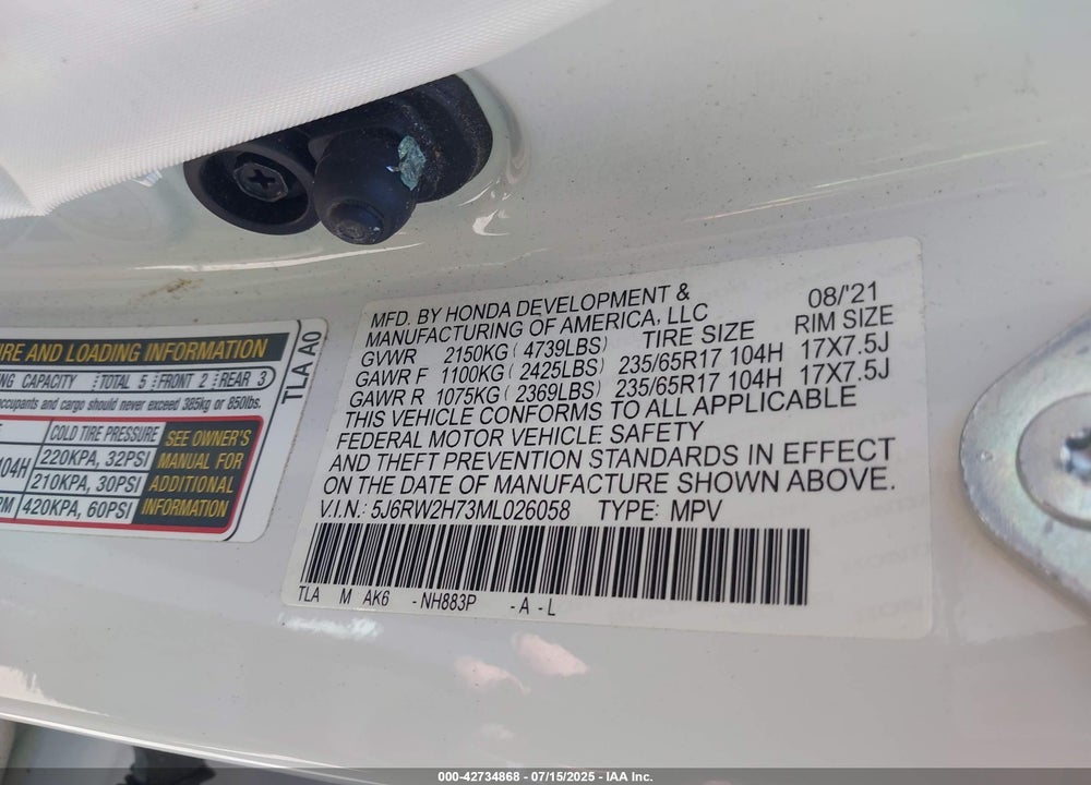 2021 HONDA CR-V VIN: 5J6RW2H73ML026058