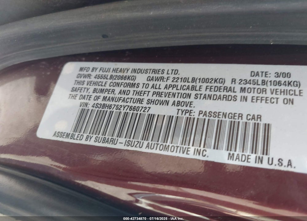 2000 SUBARU OUTBACK VIN: 4S3BH6752Y7660727