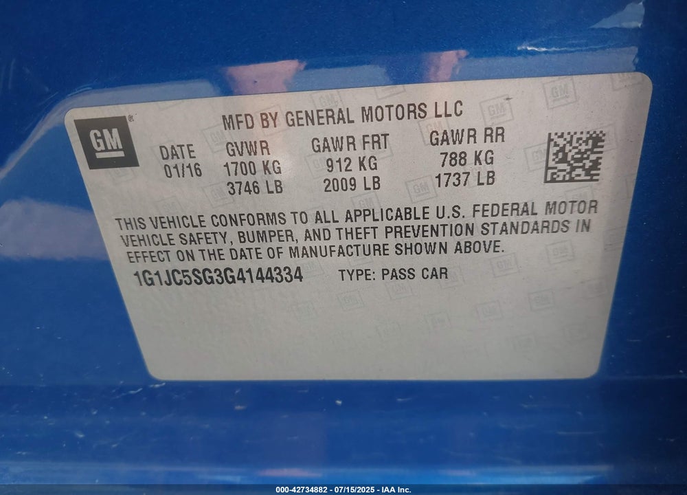 2016 CHEVROLET SONIC VIN: 1G1JC5SG3G4144334