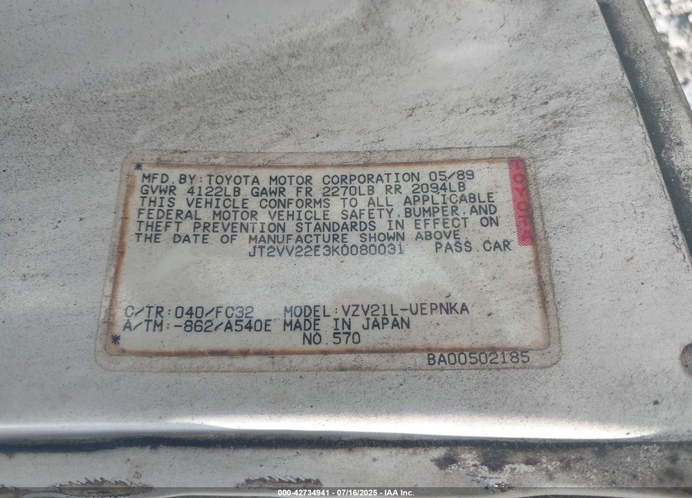 1989 TOYOTA CAMRY LE VIN: JT2VV22E3K0080031