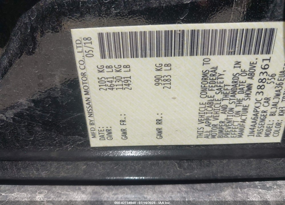 2018 NISSAN MAXIMA VIN: 1N4AA6APXJC388361