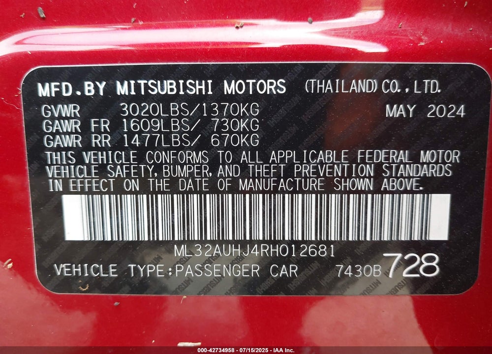 2024 MITSUBISHI MIRAGE ES/LE VIN: ML32AUHJ4RH012681