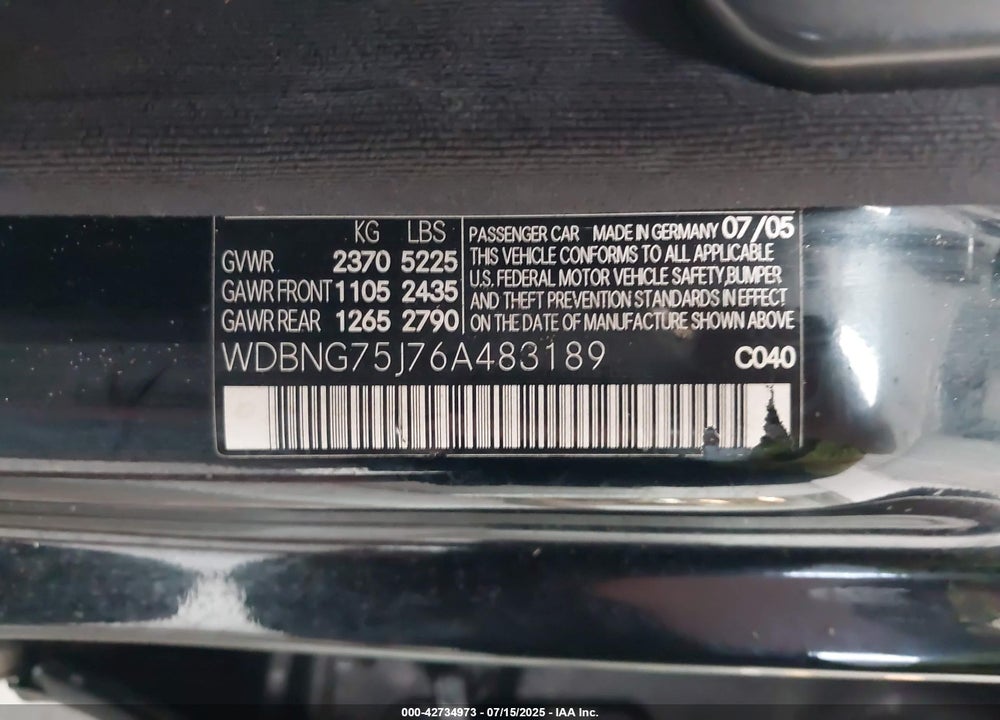 2006 MERCEDES-BENZ S CLASS VIN: WDBNG75J76A483189