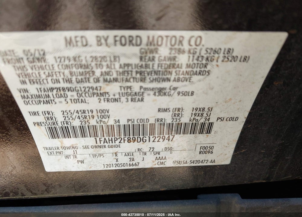 2013 FORD TAURUS VIN: 1FAHP2F89DG122947