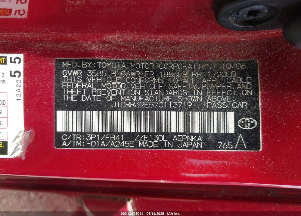 2007 TOYOTA COROLLA LE VIN: JTDBR32E570113719