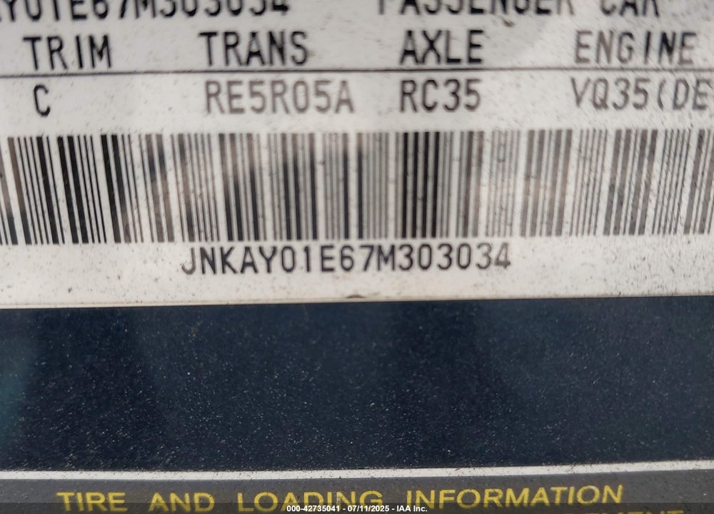 2007 INFINITI M35 VIN: JNKAY01E67M303034