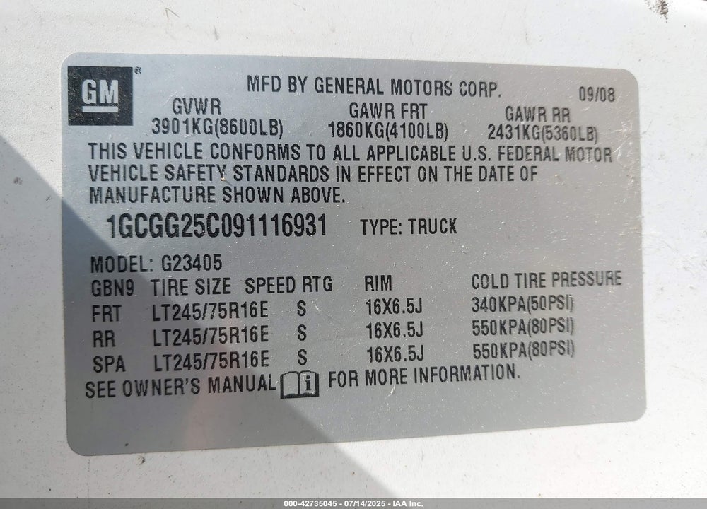 2009 CHEVROLET EXPRESS 2500 VIN: 1GCGG25C091116931