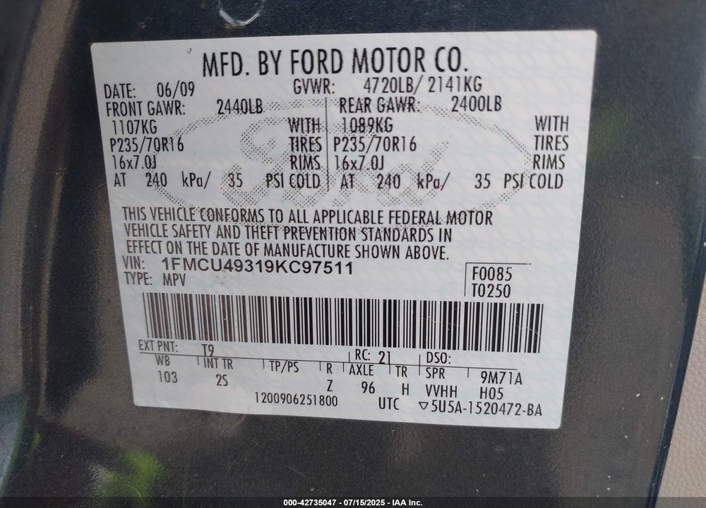 2009 FORD ESCAPE HYBRID LIMITED VIN: 1FMCU49319KC97511