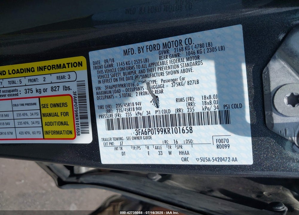 2019 FORD FUSION VIN: 3FA6P0T99KR101658