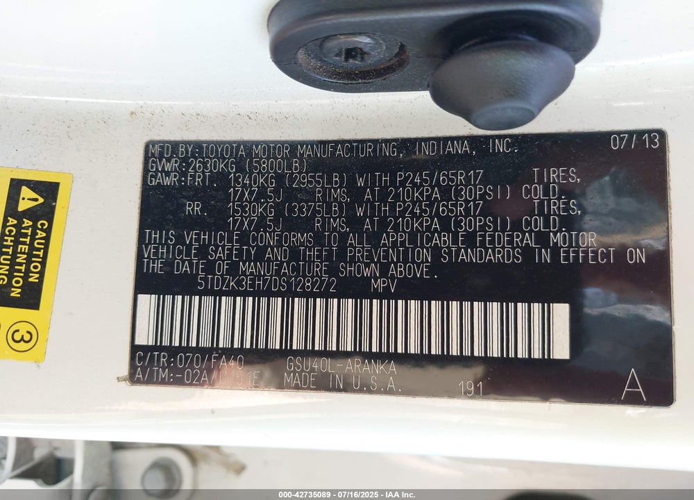 2013 TOYOTA HIGHLANDER VIN: 5TDZK3EH7DS128272