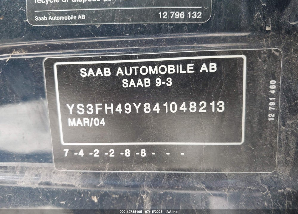 2004 SAAB 9-3 AERO VIN: YS3FH49Y841048213