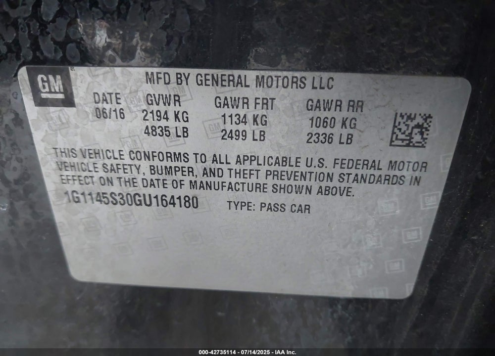 2016 CHEVROLET IMPALA VIN: 1G1145S30GU164180