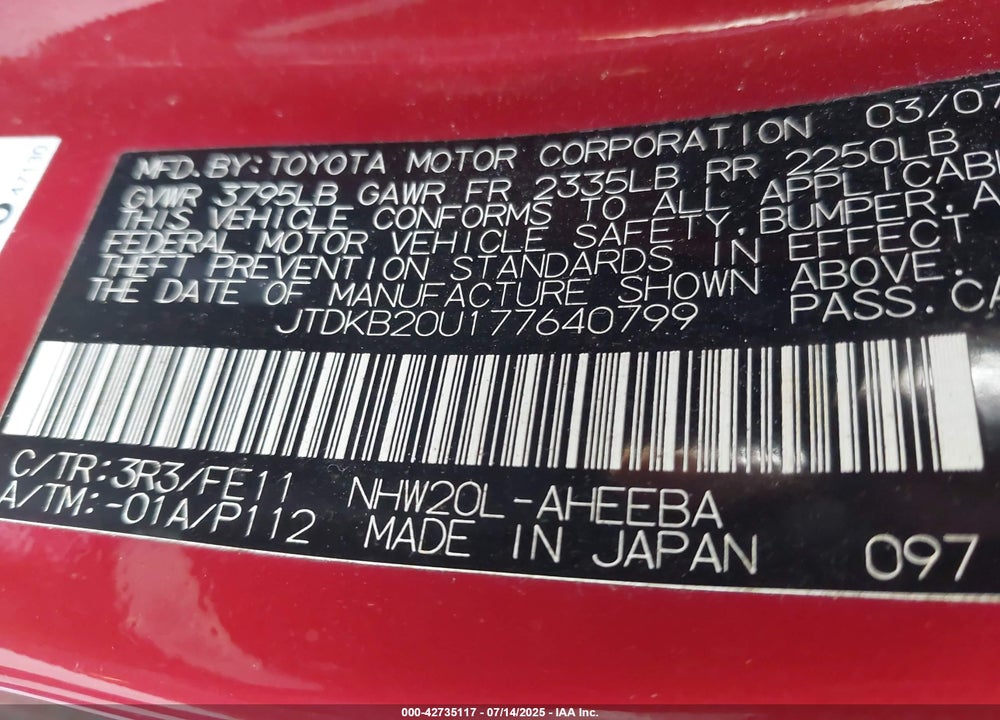 2007 TOYOTA PRIUS VIN: JTDKB20U177640799