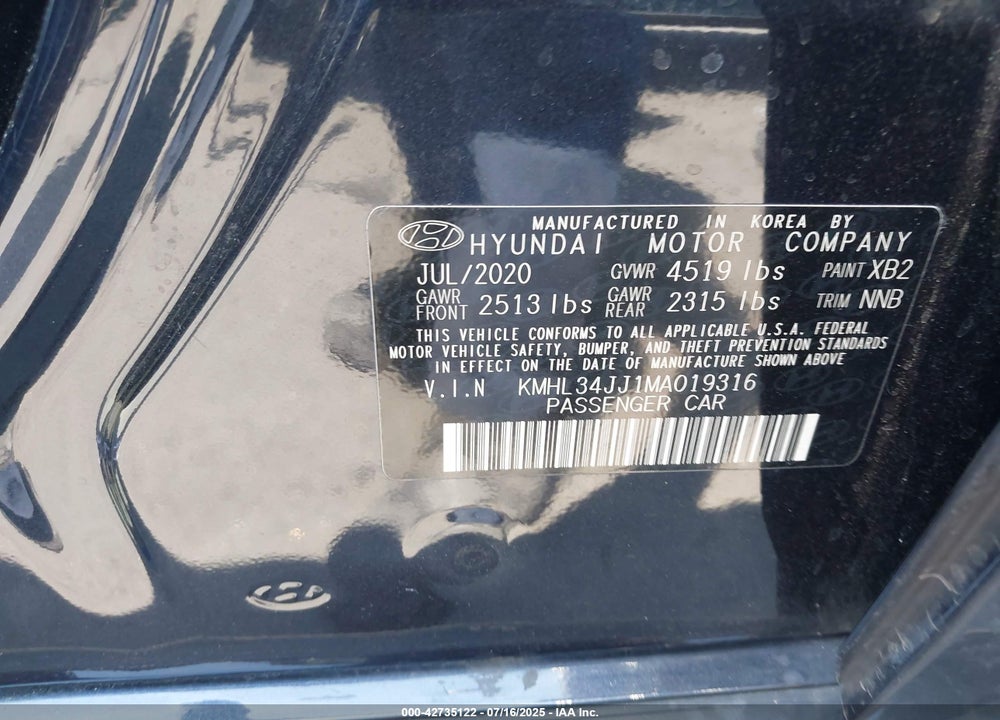 2021 HYUNDAI SONATA SEL VIN: KMHL34JJ1MA019316