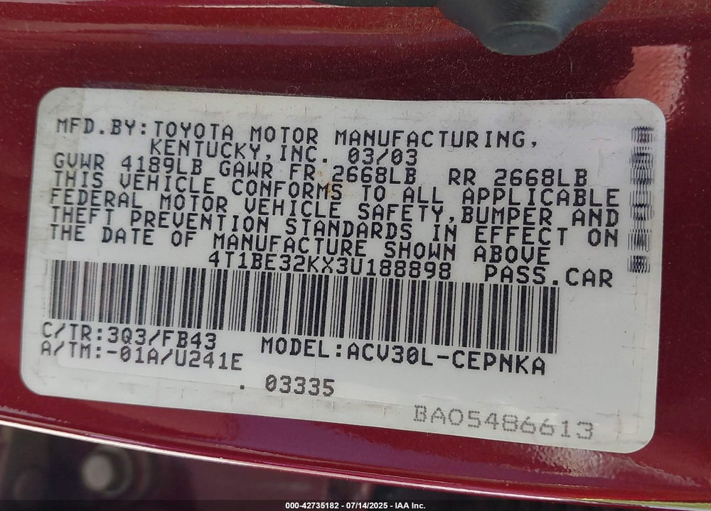 2003 TOYOTA CAMRY LE VIN: 4T1BE32KX3U188898