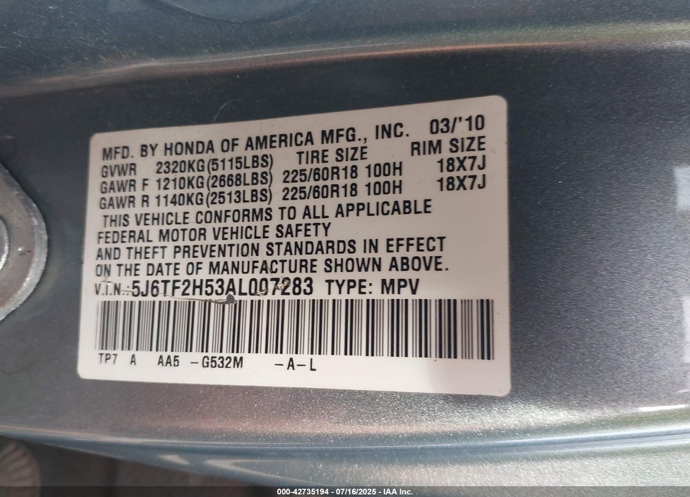 2010 HONDA ACCORD CROSSTOUR VIN: 5J6TF2H53AL007283