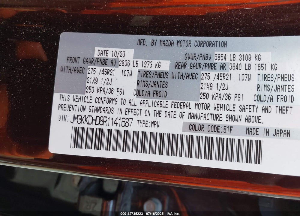 2024 MAZDA CX-90 VIN: JM3KKDHD8R1141687
