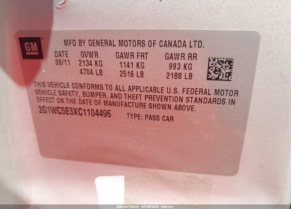 2012 CHEVROLET IMPALA VIN: 2G1WC5E3XC1104496