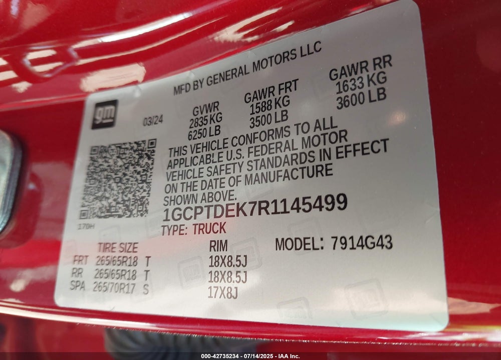 2024 CHEVROLET COLORADO VIN: 1GCPTDEK7R1145499