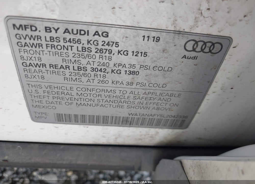 2020 AUDI Q5 VIN: WA1ANAFY5L2042336