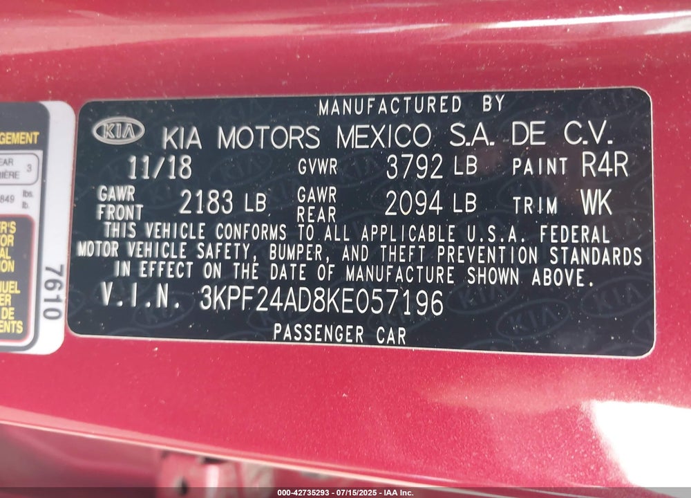 2019 KIA FORTE VIN: 3KPF24AD8KE057196