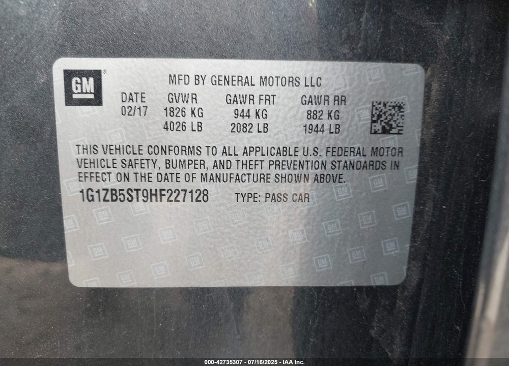2017 CHEVROLET MALIBU VIN: 1G1ZB5ST9HF227128