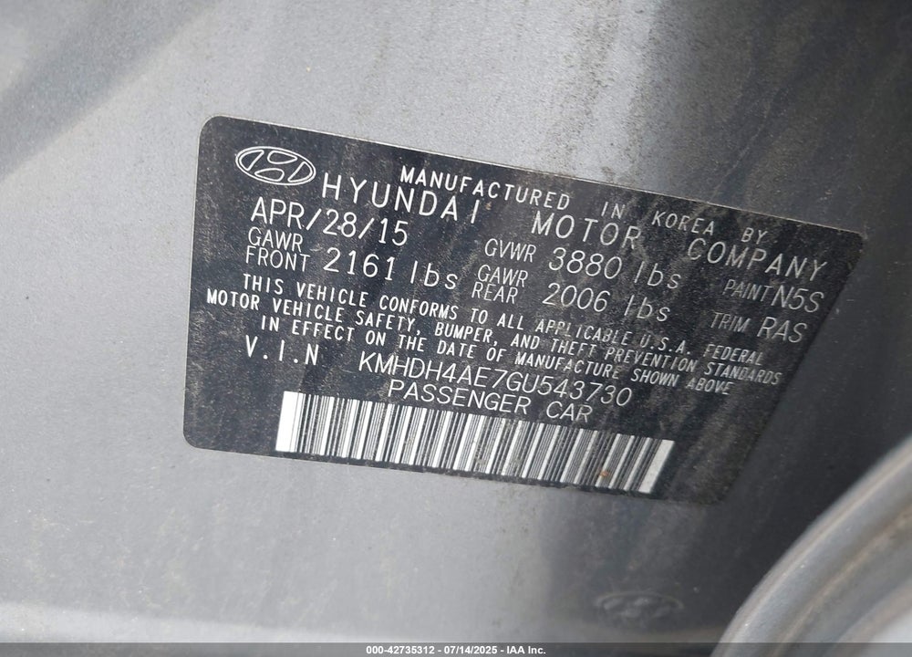 2016 HYUNDAI ELANTRA VIN: KMHDH4AE7GU543730
