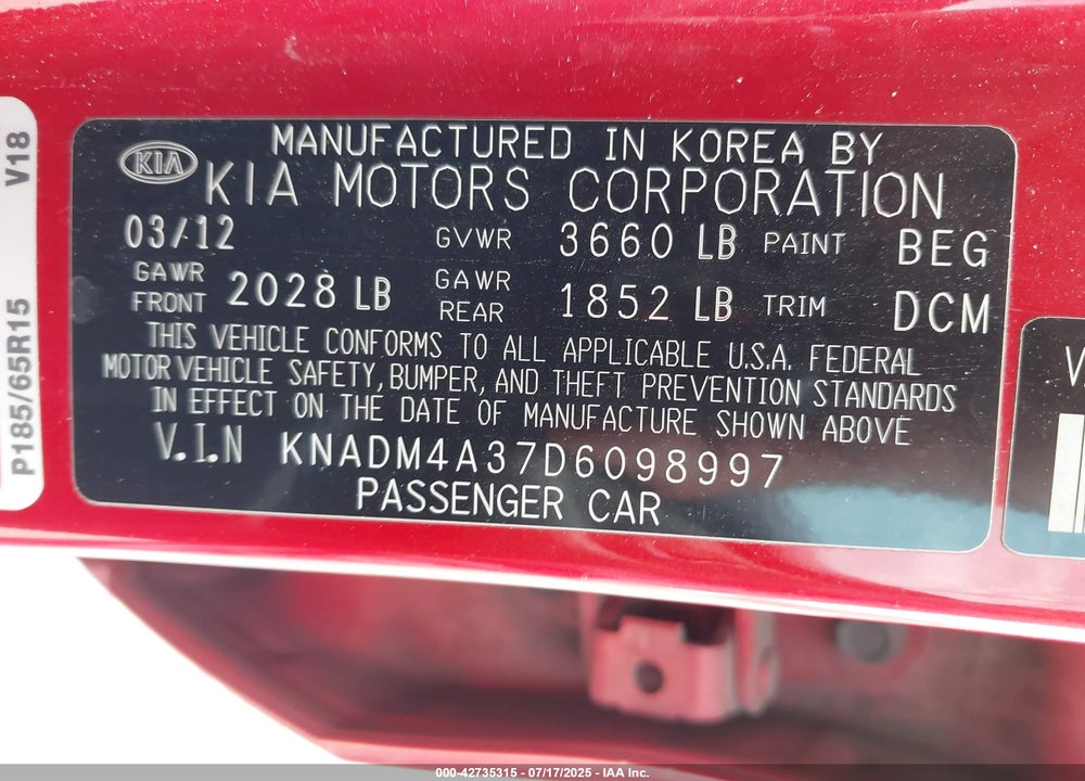 2013 KIA RIO VIN: KNADM4A37D6098997