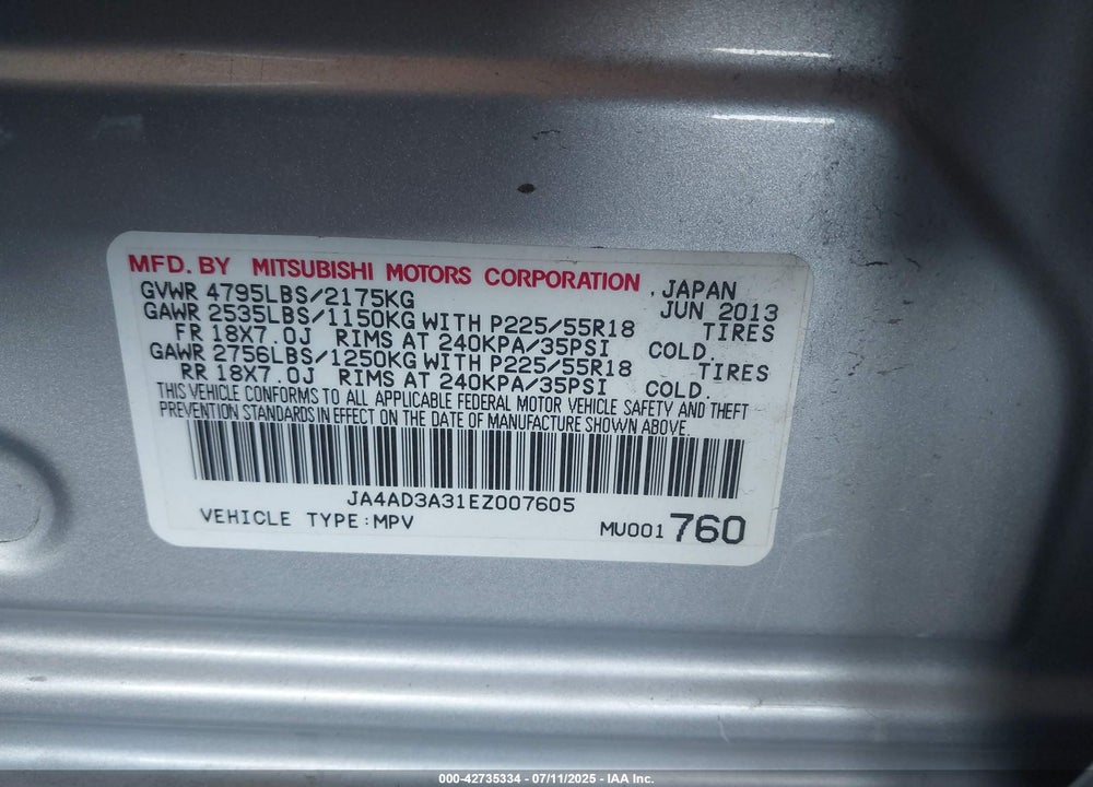 2014 MITSUBISHI OUTLANDER VIN: JA4AD3A31EZ007605