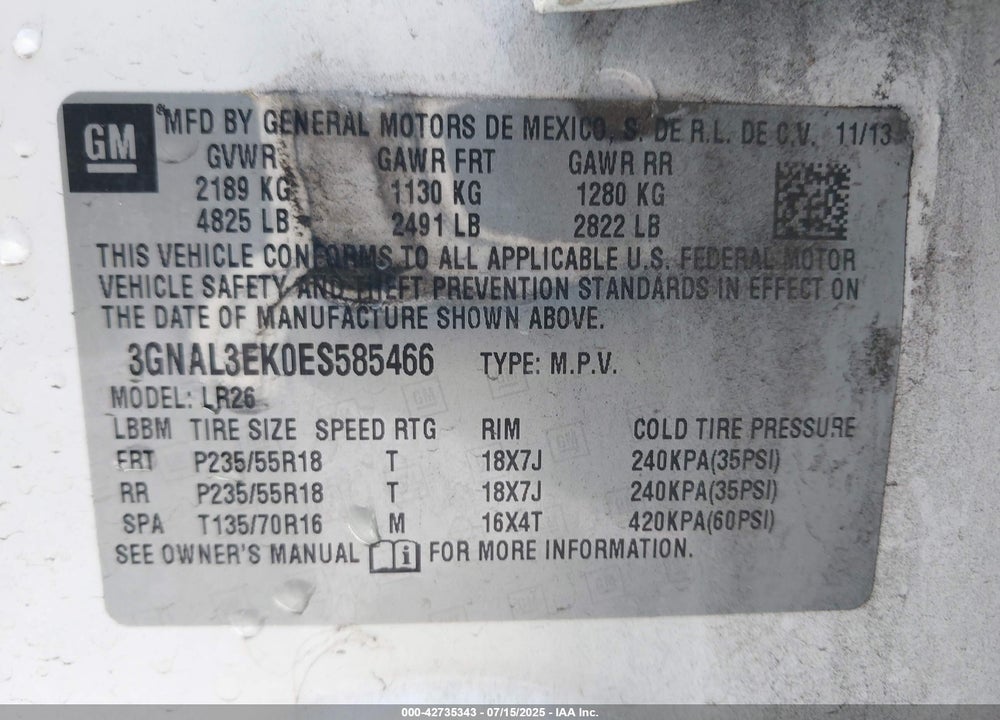 2014 CHEVROLET CAPTIVA SPORT VIN: 3GNAL3EK0ES585466