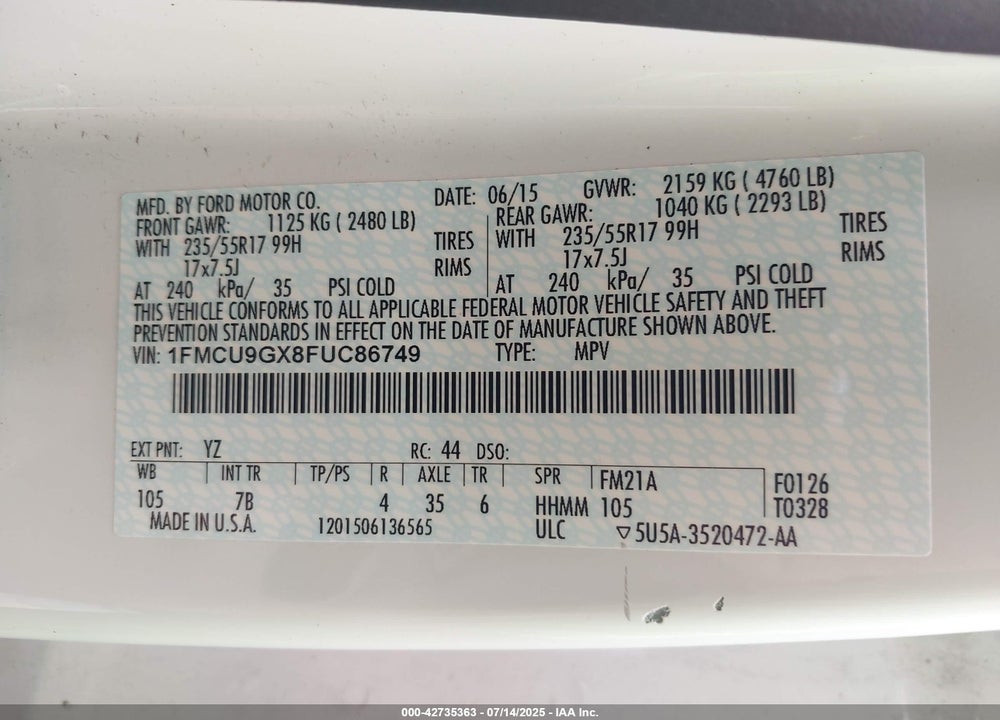2015 FORD ESCAPE VIN: 1FMCU9GX8FUC86749