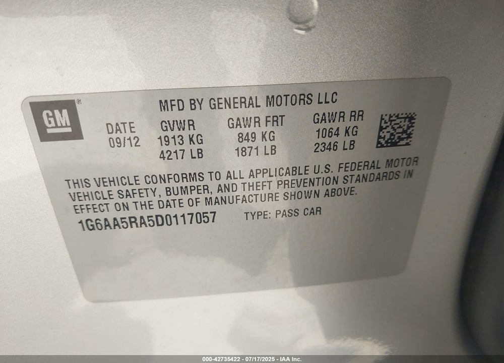 2013 CADILLAC ATS VIN: 1G6AA5RA5D0117057