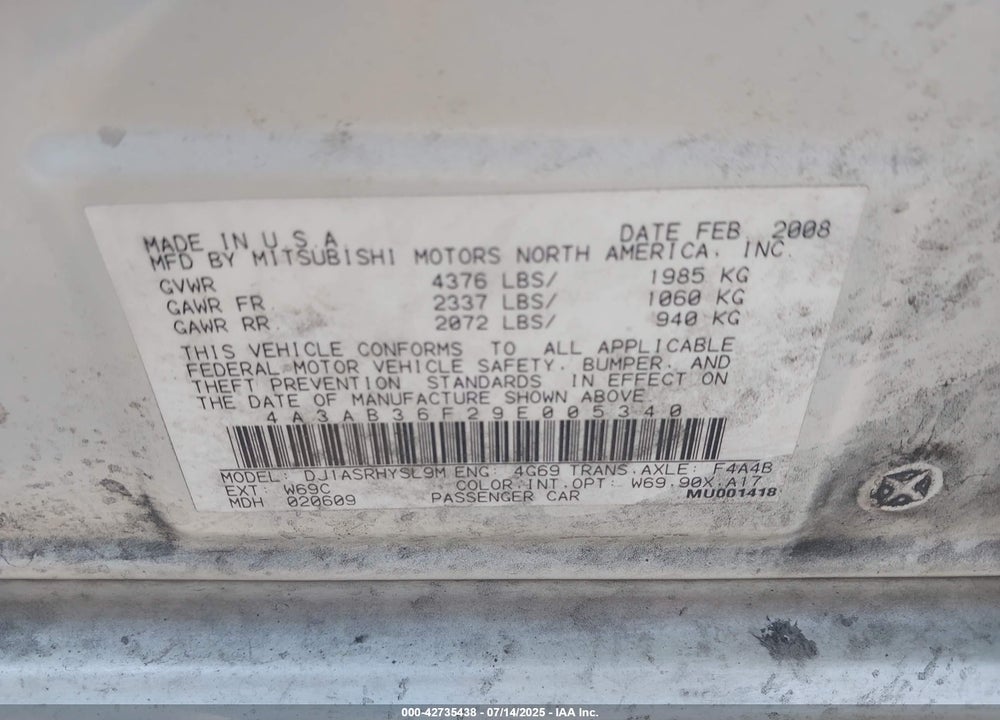 2009 MITSUBISHI GALANT VIN: 4A3AB36F29E005340