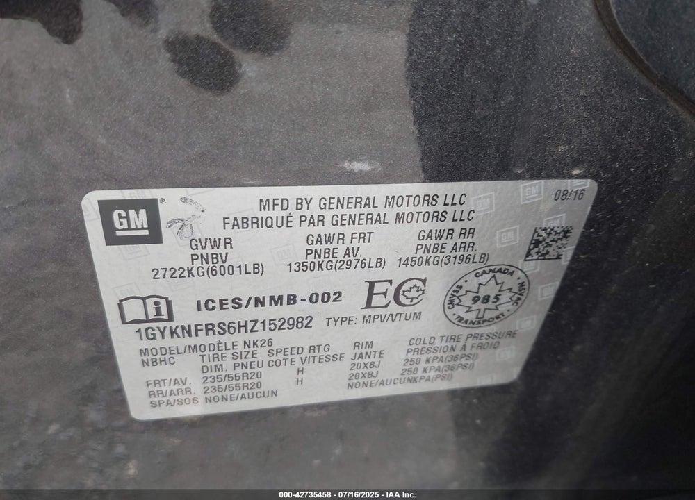 2017 CADILLAC XT5 PLATINUM VIN: 1GYKNFRS6HZ152982