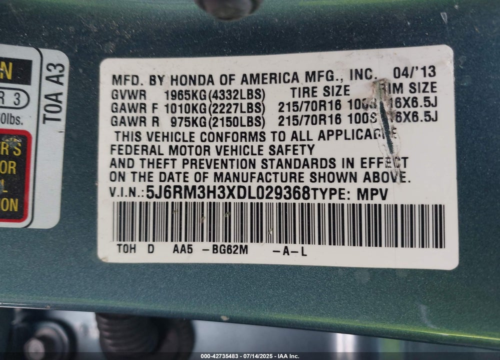 2013 HONDA CR-V VIN: 5J6RM3H3XDL029368