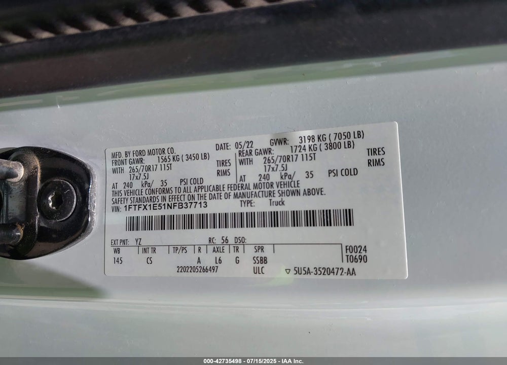 2022 FORD F-150 VIN: 1FTFX1E51NFB37713