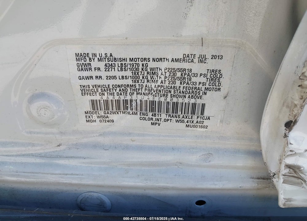 2014 MITSUBISHI OUTLANDER SPORT VIN: 4A4AP3AU4EE003523