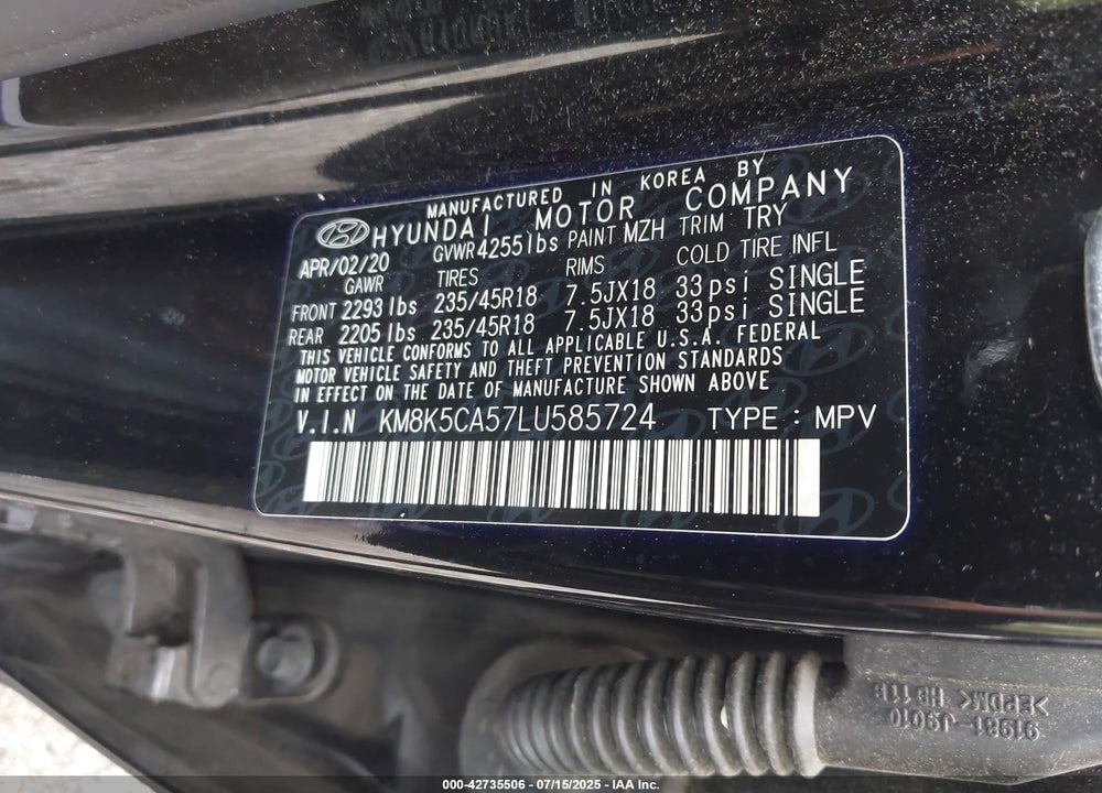 2020 HYUNDAI KONA VIN: KM8K5CA57LU585724