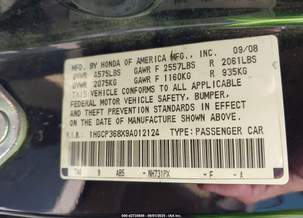 2009 HONDA ACCORD SDN VIN: 1HGCP368X9A012124