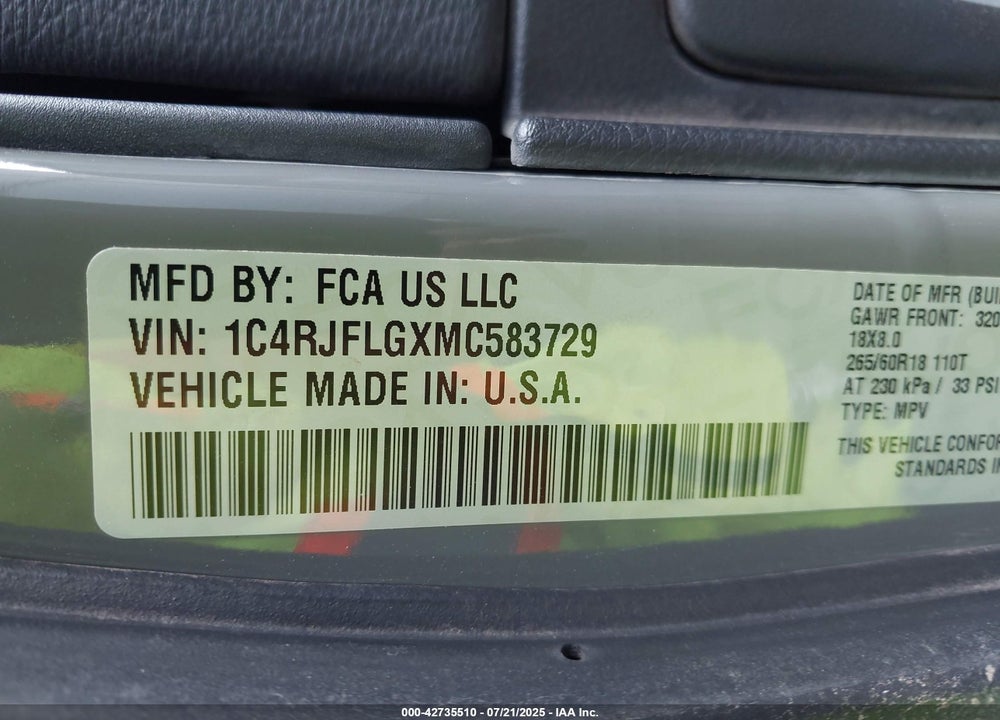 2021 JEEP GRAND CHEROKEE VIN: 1C4RJFLGXMC583729