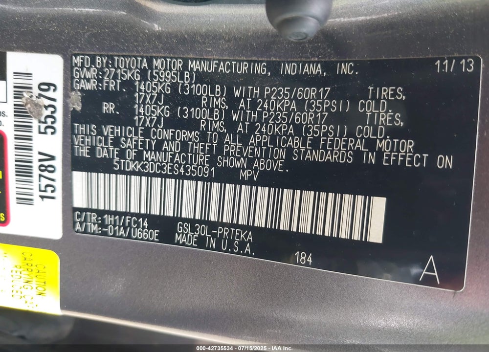 2014 TOYOTA SIENNA LE V6 8 PASSENGER VIN: 5TDKK3DC3ES435091