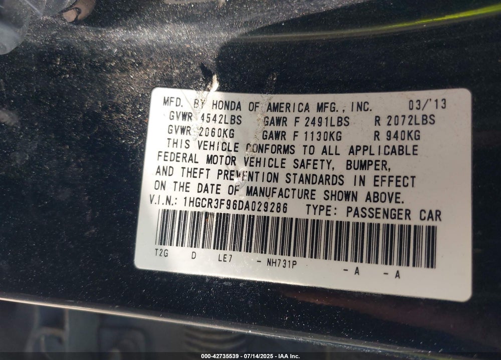 2013 HONDA ACCORD VIN: 1HGCR3F96DA029286