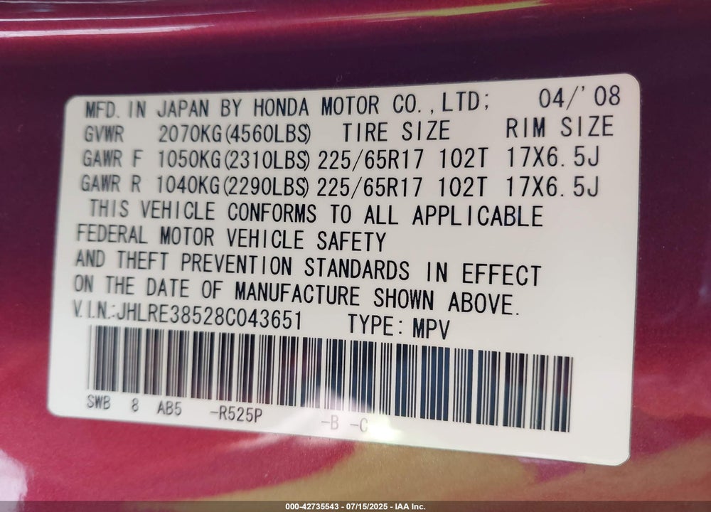2008 HONDA CR-V EX VIN: JHLRE38528C043651