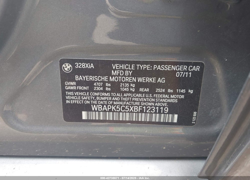 2011 BMW 3 SERIES VIN: WBAPK5C5XBF123119
