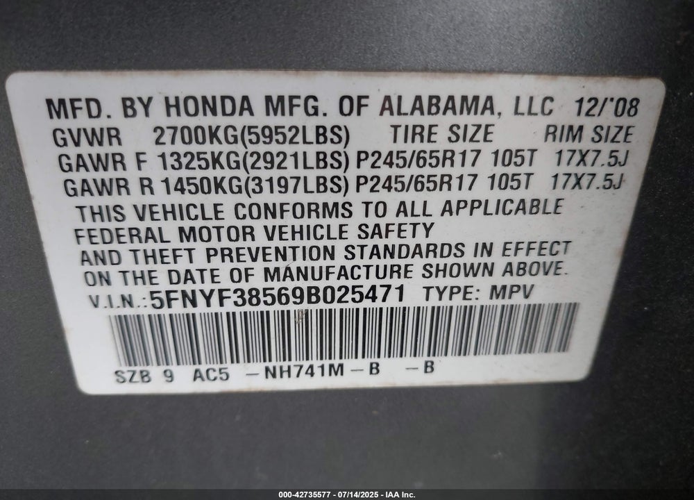 2009 HONDA PILOT VIN: 5FNYF38569B025471
