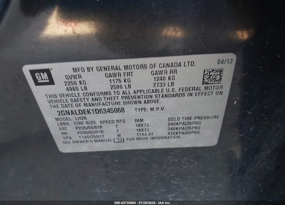 2013 CHEVROLET EQUINOX 1LT VIN: 2GNALDEK1D6345068