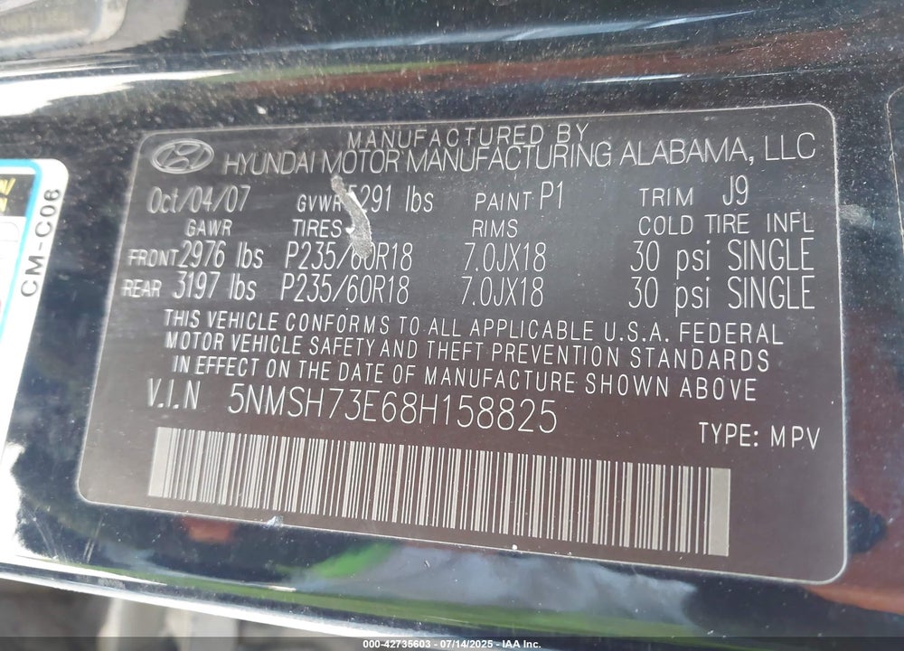 2008 HYUNDAI SANTA FE VIN: 5NMSH73E68H158825