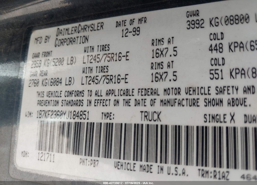 2000 DODGE RAM 2500 ST VIN: 1B7KF2360YJ184851