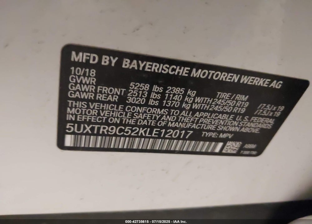 2019 BMW X3 VIN: 5UXTR9C52KLE12017